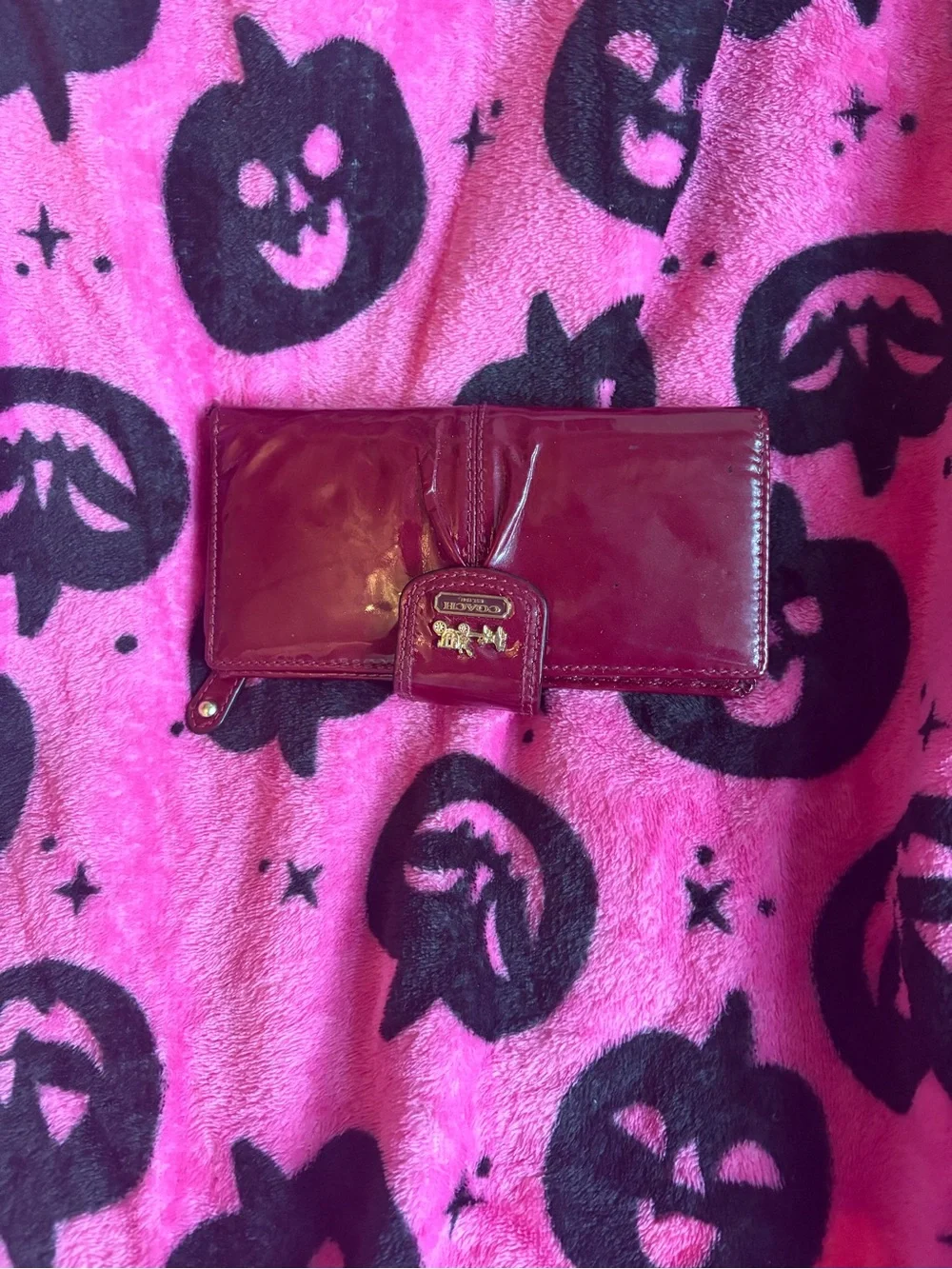 Coach Patent Leather Trifold Wallet in Deep Wine